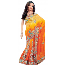 Stunning Embroidered Orange Colored Jacqurad Saree